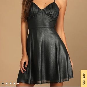 Lulus Black Metallic Bustier Mini Skater Dress